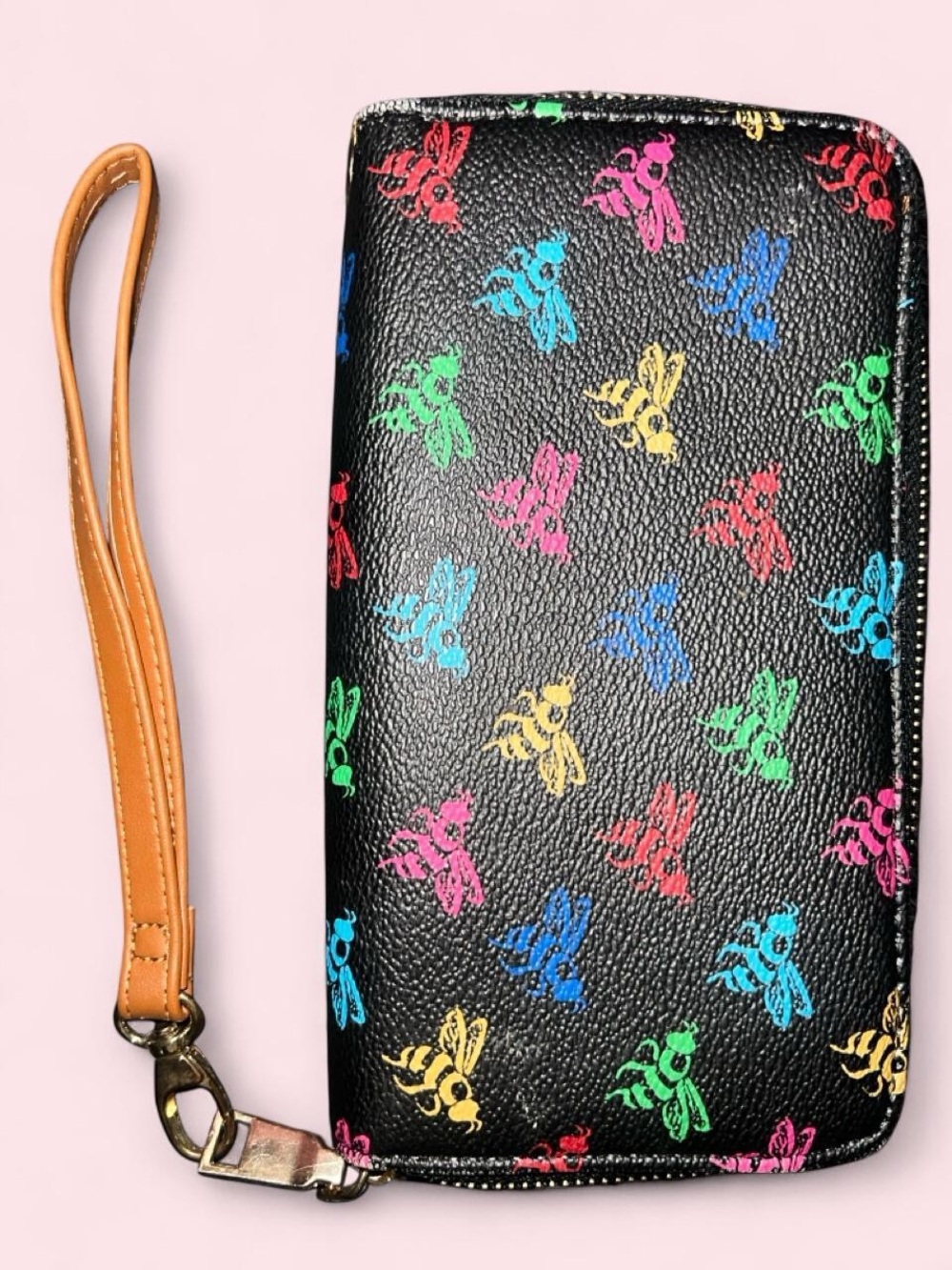 Black Wristlet Wallet with Rainbow Bee Print